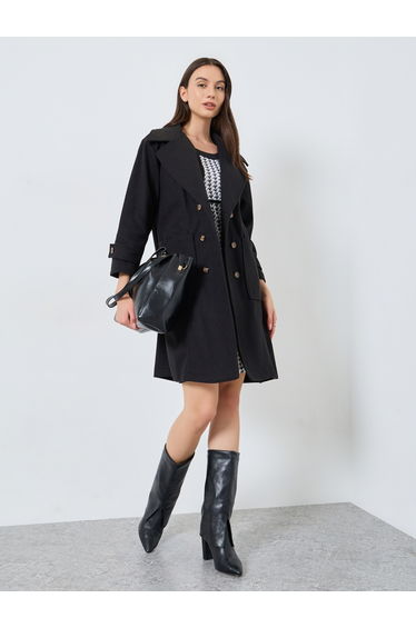 Black Double Breasted Wool Like Coat with Pocket Detail