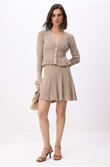 Mink Ruffle Sleeve and Hem Detail Knitwear Bottom - Top Set