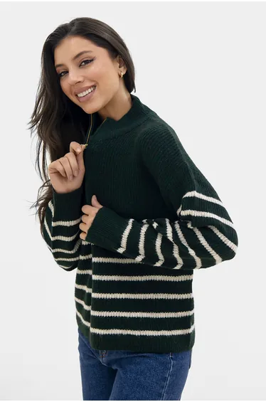 Long sleeve striped sweater with zipper closure