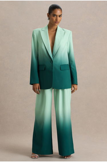Enya | Emerald Ombre Plunge-Neck Satin Blazer