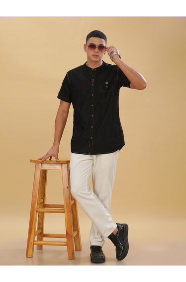 Men Black Denim Mandarin Collar Shirt