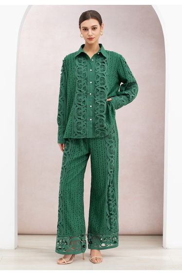 Cutwork Embroidery Eyelet Cotton Shirt and Pants Set in Emerald for Retro Themed Gatherings & Art Openings