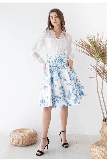 Blue Watercolor Peony Flare Midi Skirt