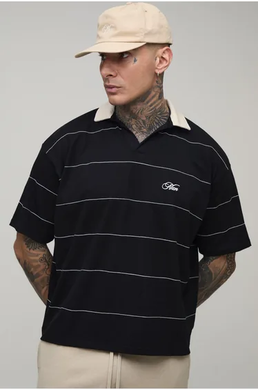 Tall Oversized Boxy Man Script Chain Stitch Rugby Polo - black
