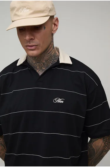 Tall Oversized Boxy Man Script Chain Stitch Rugby Polo - black