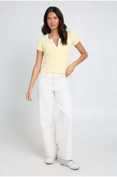 Ribbed Contrast Henley Button Short Sleeve Top - lemon