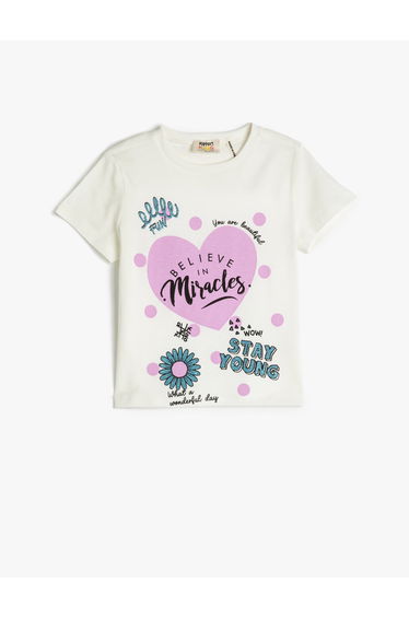 Short Sleeve T-Shirt Heart Printed Glittery Crew Neck Cotton