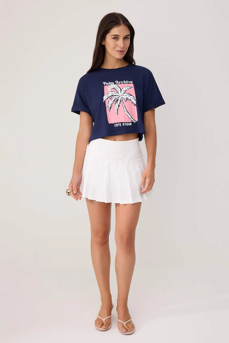 Navy Blue 100% Thick Cotton Relaxed/Casual Fit Crop Printed Knitted T-Shirt