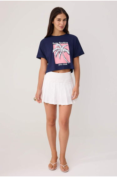 Navy Blue 100% Thick Cotton Relaxed/Casual Fit Crop Printed Knitted T-Shirt