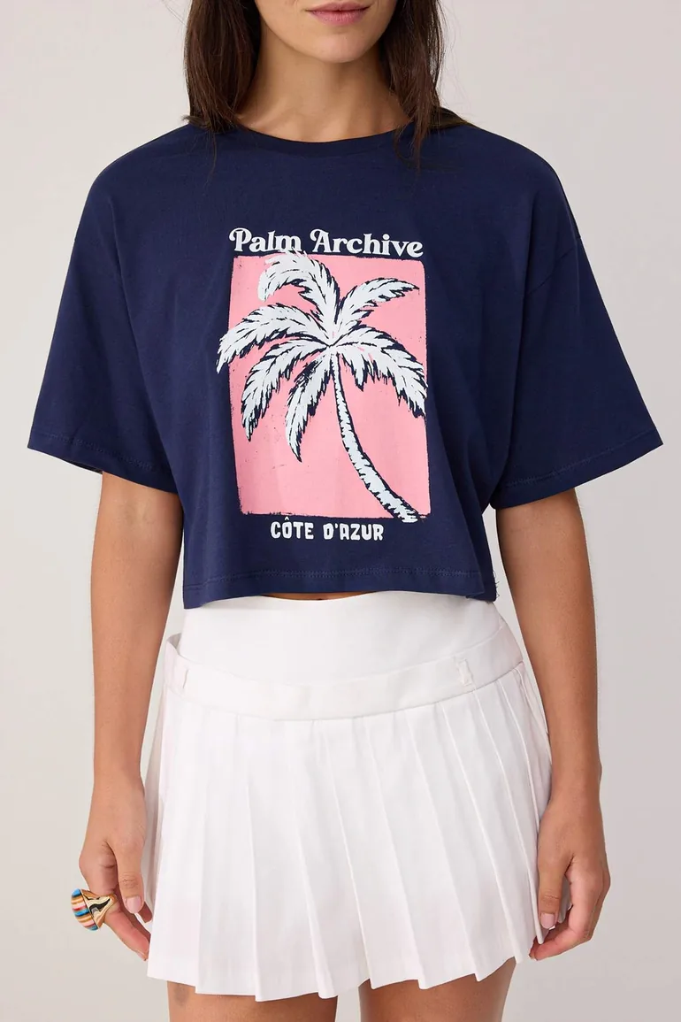 Navy Blue 100% Thick Cotton Relaxed/Casual Fit Crop Printed Knitted T-Shirt - 2