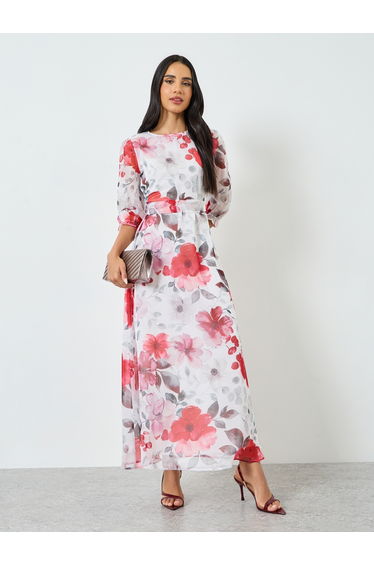 Floral Print Organza A-Line Maxi Dress