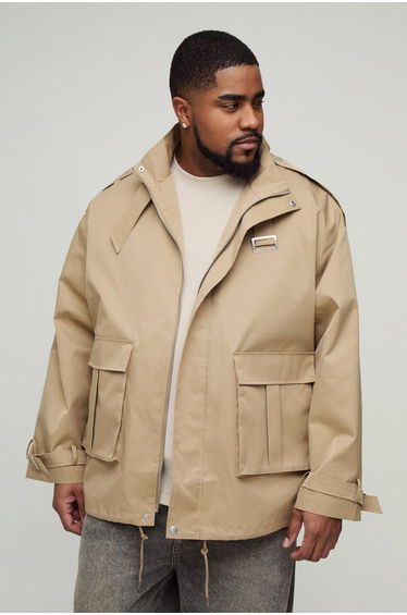 Plus Oversized Boxy Cargo Trench Coat - stone