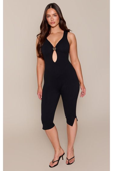 Shape Black Sculpt Trim Detail Plunge Capri Jumpsuit