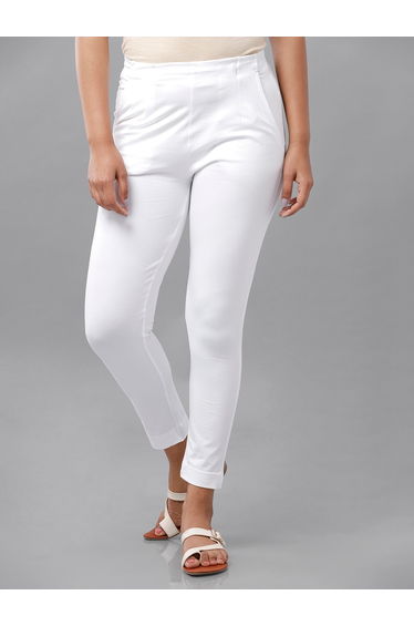 White Solid Knit Cotton Blend Pants