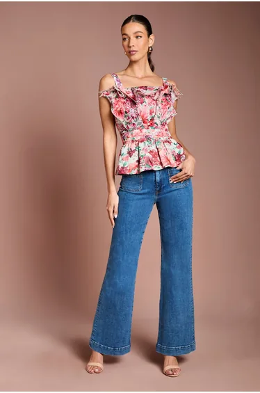 Organza Floral Ruffle Fan Detail Top