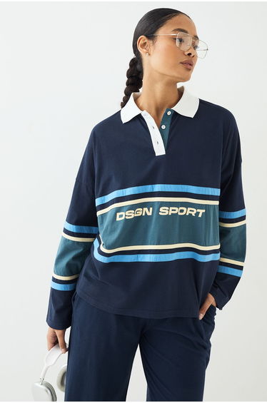 DSGN Studio Sport Oversized Colour Block Collared Top - navy