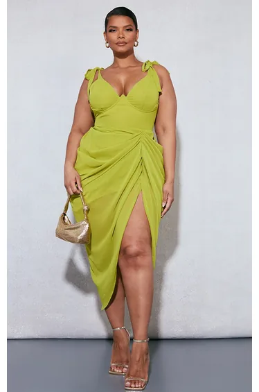Plus Olive Underwire Detail Draped Midi Dress