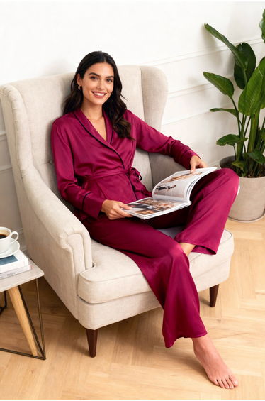 Claret Red Piping Detailed Double-breasted Viscose Shirt-Pant Woven Pajamas Set