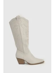 Embroidered Knee High Western Boots - cream - 1