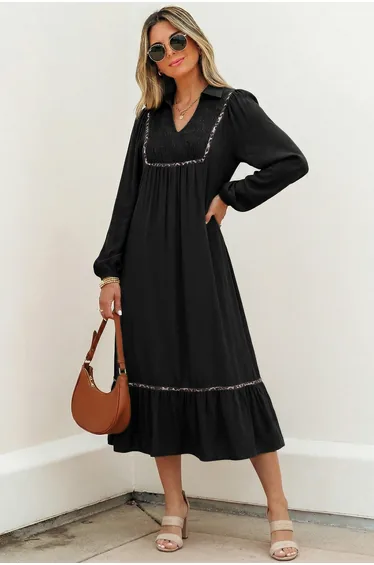 Lvness Black Collared V Neck Smocked Detail Contrast Leopard Trim Bracelet Sleeve Long Dress