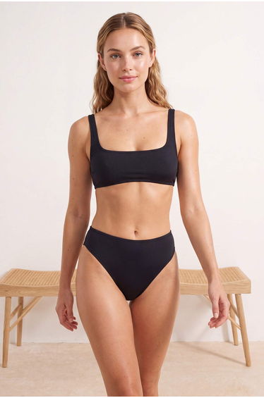 Black Square Neck Covered Regular Waist High Leg Brazilian Basic Bikini Set