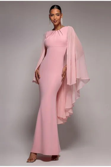 Cape Sleeve Chiffon And Scuba Crepe Maxi Dress - Blush Pink by Goddiva