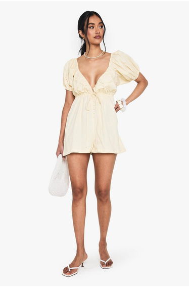 Cotton Poplin Puff Sleeve Playsuit - lemon