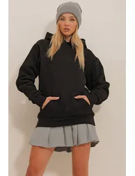 Women's Black 3-Threads Interchanged Kangaroo Pocket Oversize Sweatshirt - 3