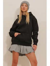 Women's Black 3-Threads Interchanged Kangaroo Pocket Oversize Sweatshirt - 4