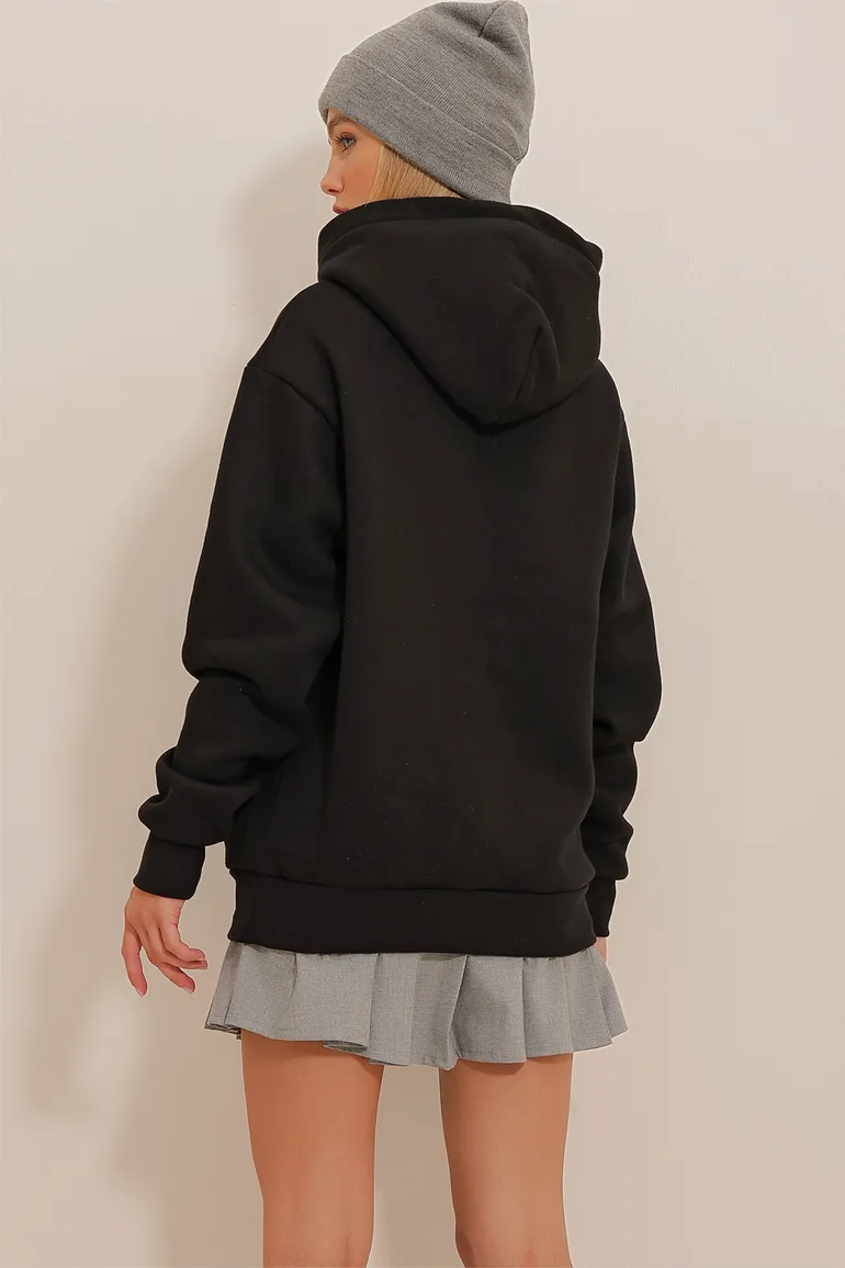 Women's Black 3-Threads Interchanged Kangaroo Pocket Oversize Sweatshirt - 5
