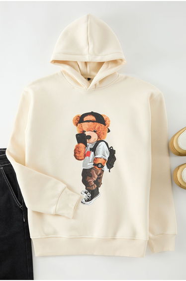 Ecru Unisex Oversize Teddy Bear Printed Inside Polar Fleece/Warm Hooded Sweatshirt