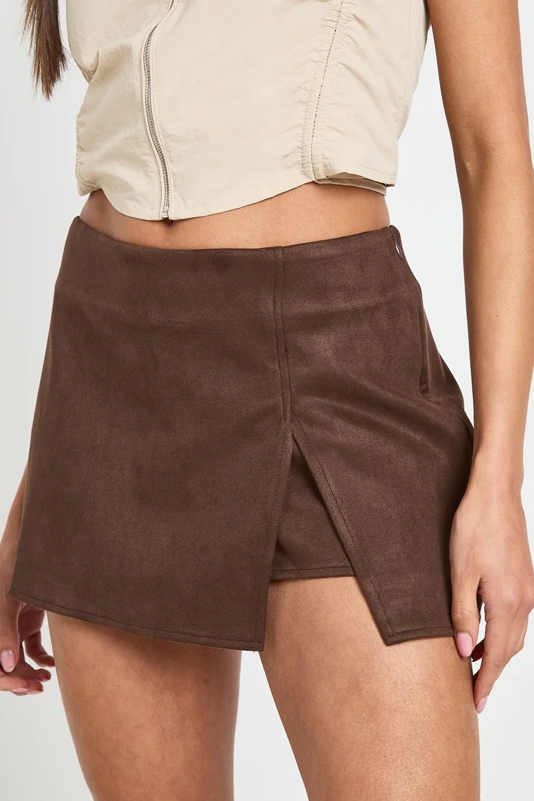 Faux Suede Mini Skort - chocolate - 3