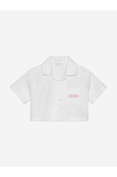 Palm Angels Girls Curved Logo Cropped Shirt in Ivory
