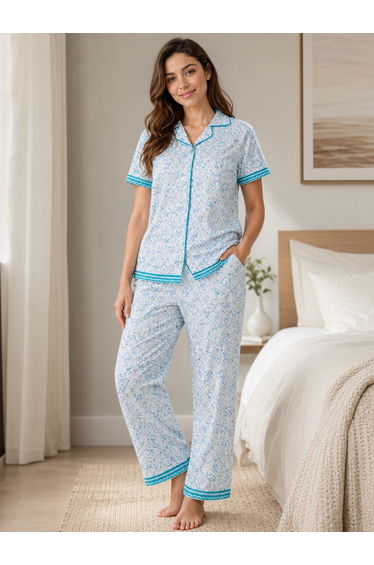 Blue Printed Shirt and Pyjama Set with Contrast Piping