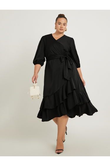 Plus Size Balloon Sleeve Wrap Midi Dress