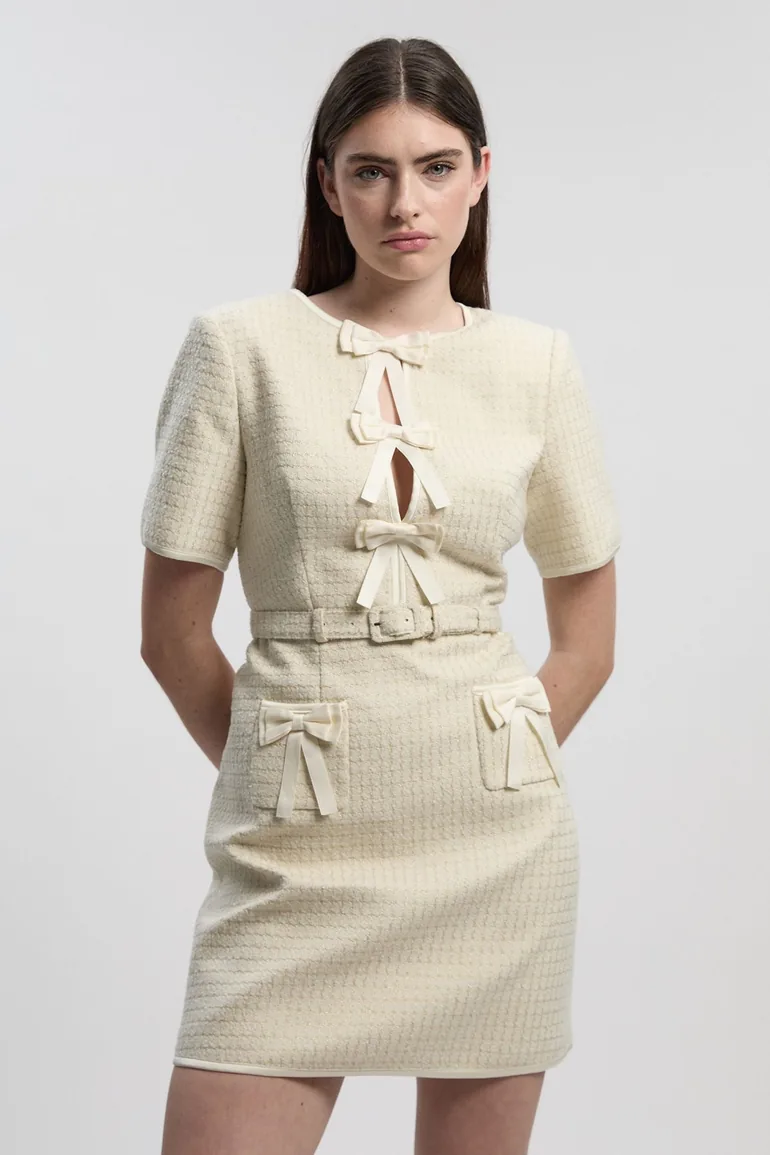 Tailored Tweed Bow Detail Mini Dress