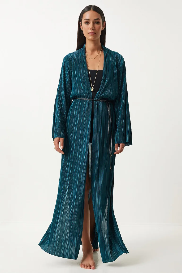 Shop Women's Dark Green Leather Belted Pleated Long Kimono Online in Oman