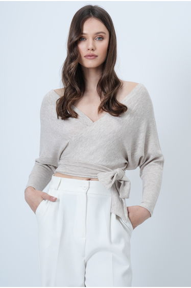 Women's Beige Front Back Double-Breasted Neck Tie Detail Ottoban Crop Blouse