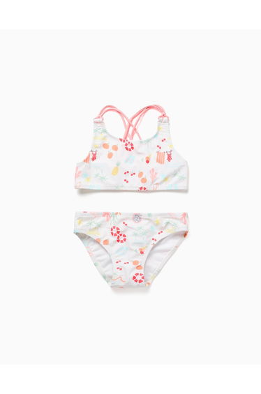 Bikini With Beach Motif And Lining For Girls, White