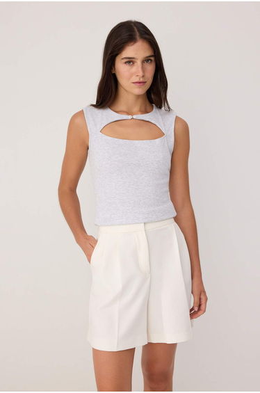 Gray Melange Plain Fitted Keyhole Collar Ay Sleeve Short Cotton Ribbed Knitted Blouse