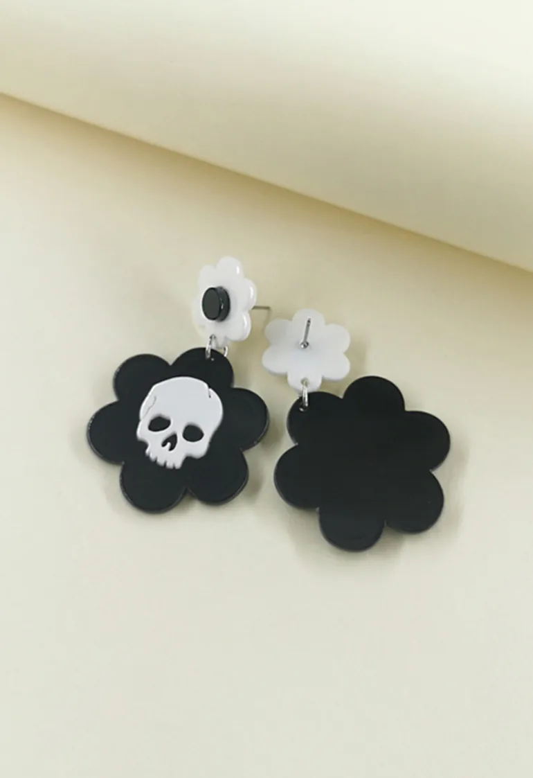 Black and White Skeleton Floral Earrings - 3