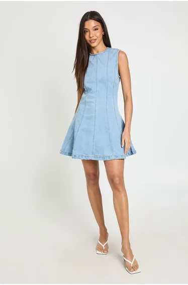 Sleeveless Seam Detail Denim Mini Dress - bleach wash