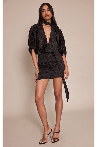 Black Print Satin V Neck Mini Dress