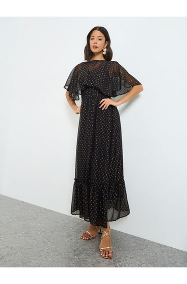 Black Lurex Foil Cape Sleeve Maxi Dress