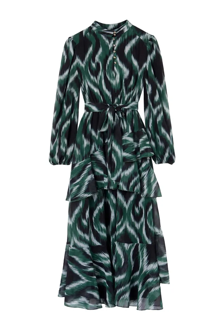 Green-Multicolor Geometric Stand Collar Shift/Straight Cut Maxi Woven Chiffon Hijab Dress