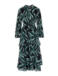Green-Multicolor Geometric Stand Collar Shift/Straight Cut Maxi Woven Chiffon Hijab Dress
