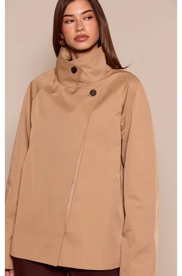 Tan Funnel Neck Midi Trench Coat