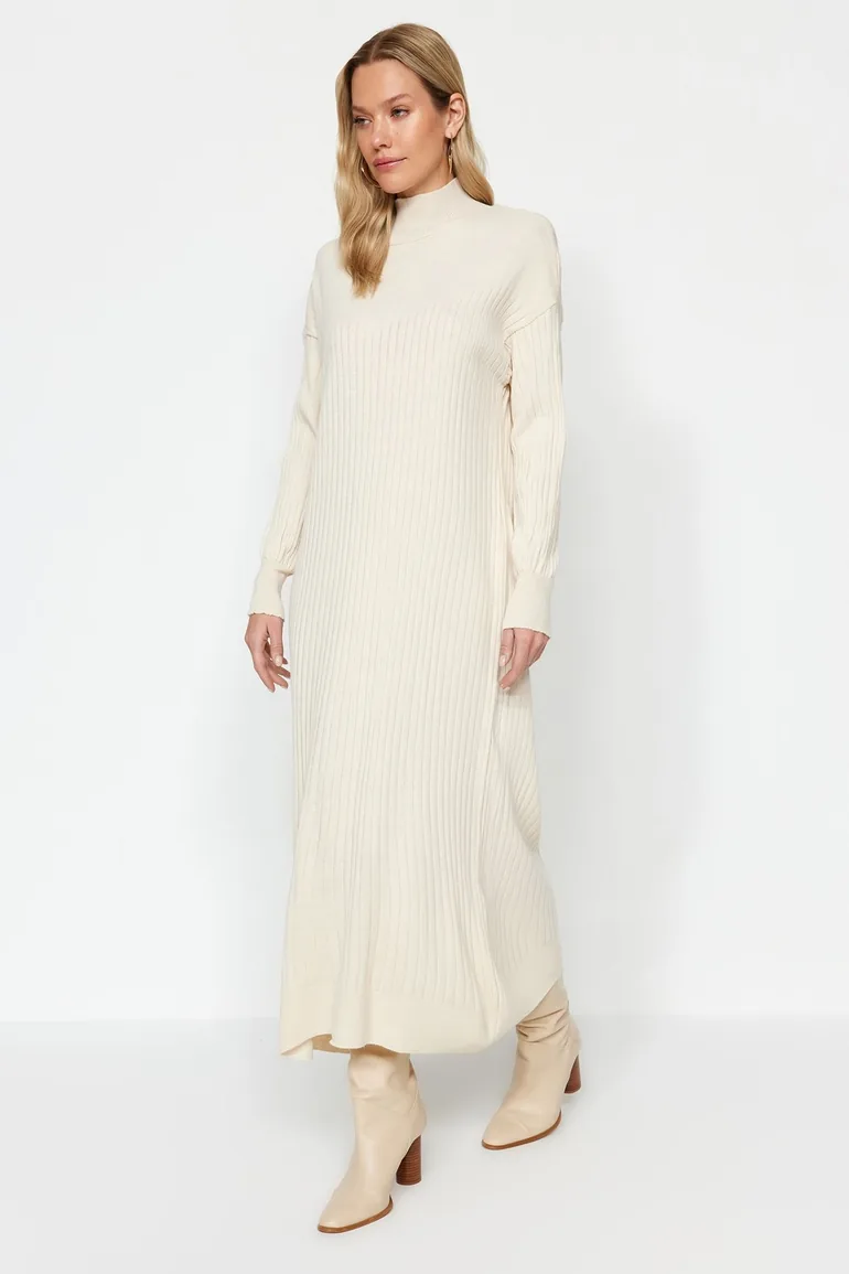Beige Column Maxi Jumper Dress with Long Sleeve