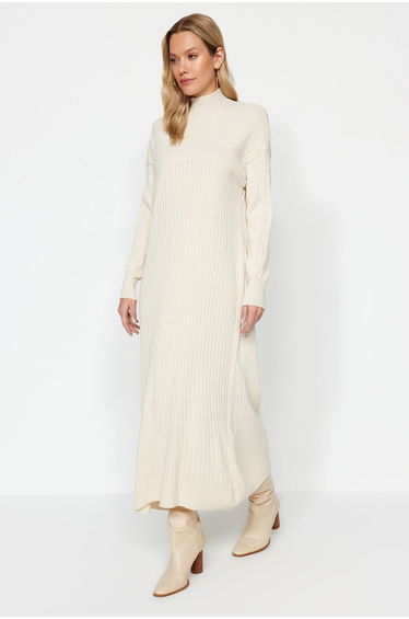 Beige Column Maxi Jumper Dress with Long Sleeve