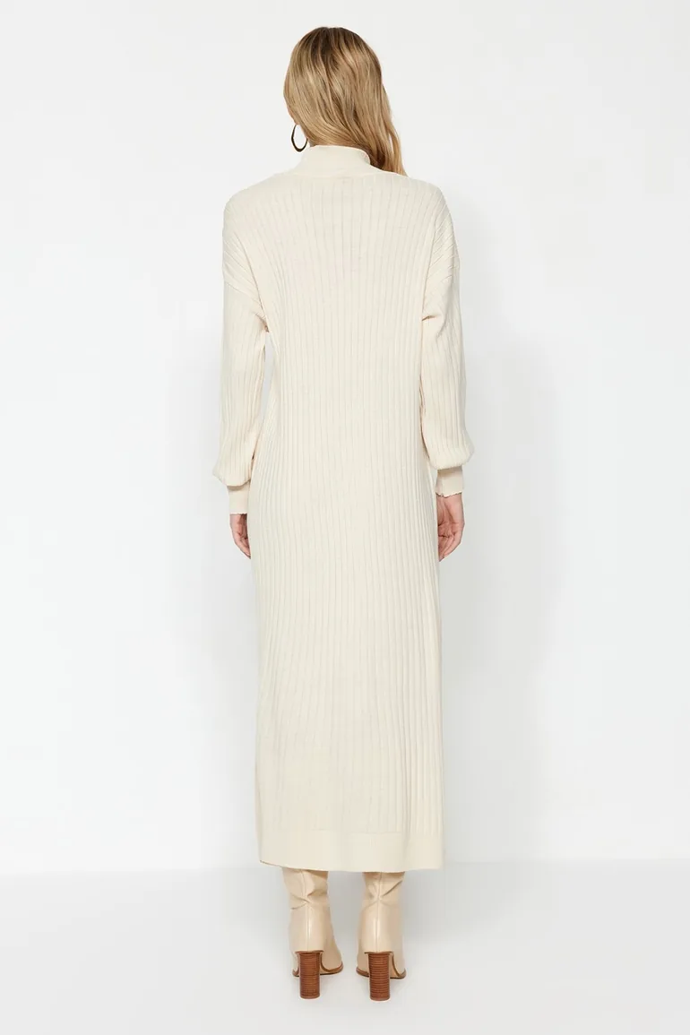 Beige Column Maxi Jumper Dress with Long Sleeve - 3